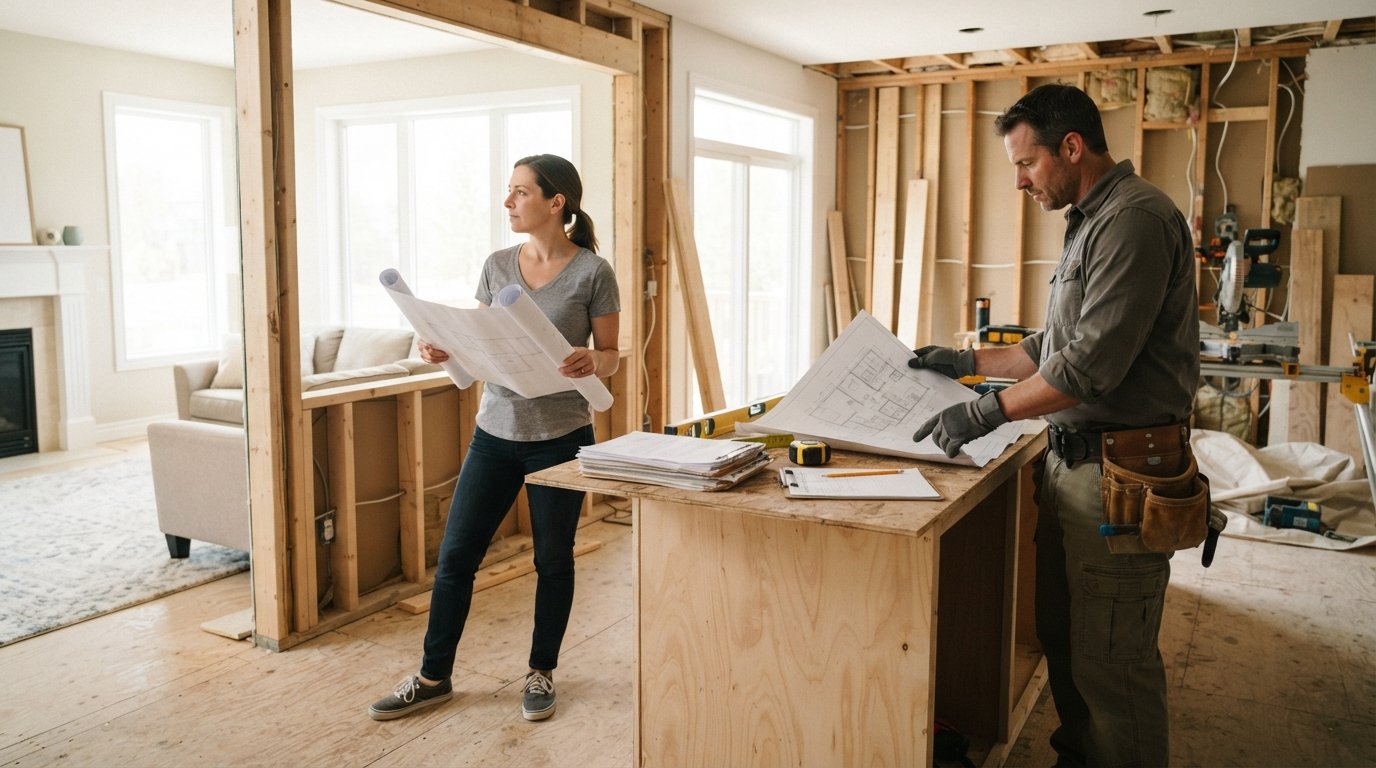 Homeowner holding rolled-up blueprints in a partially renovated kitchen while a contractor reviews plans beside permit…