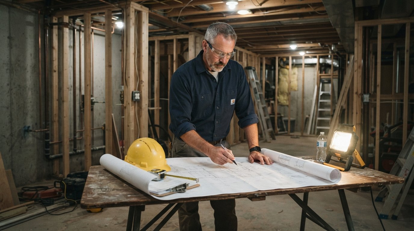 Contractor in navy shirt and safety glasses reviews rolled blueprints on a folding table in an unfinished basement with…