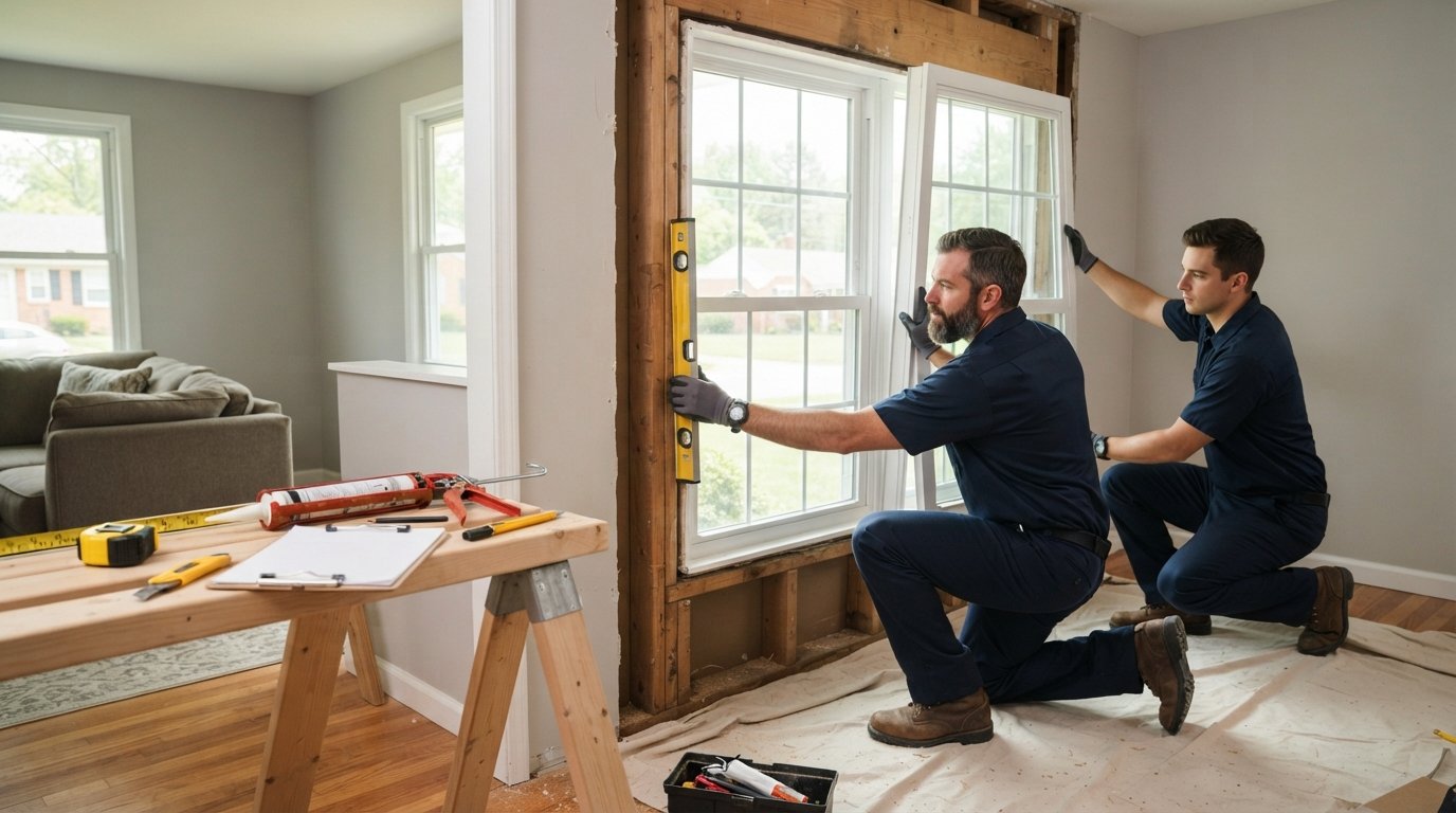 Two workers in navy uniforms installing a white vinyl replacement window as a level, tape measure, caulk gun, and permit…