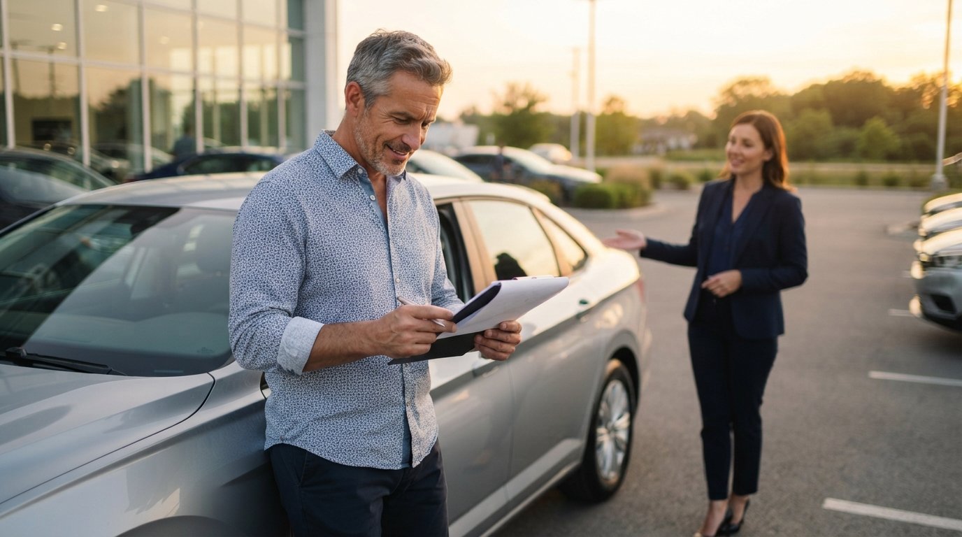 Man in a button-down shirt reviews financing paperwork on a clipboard beside a new car at a dealership while a salesperson…