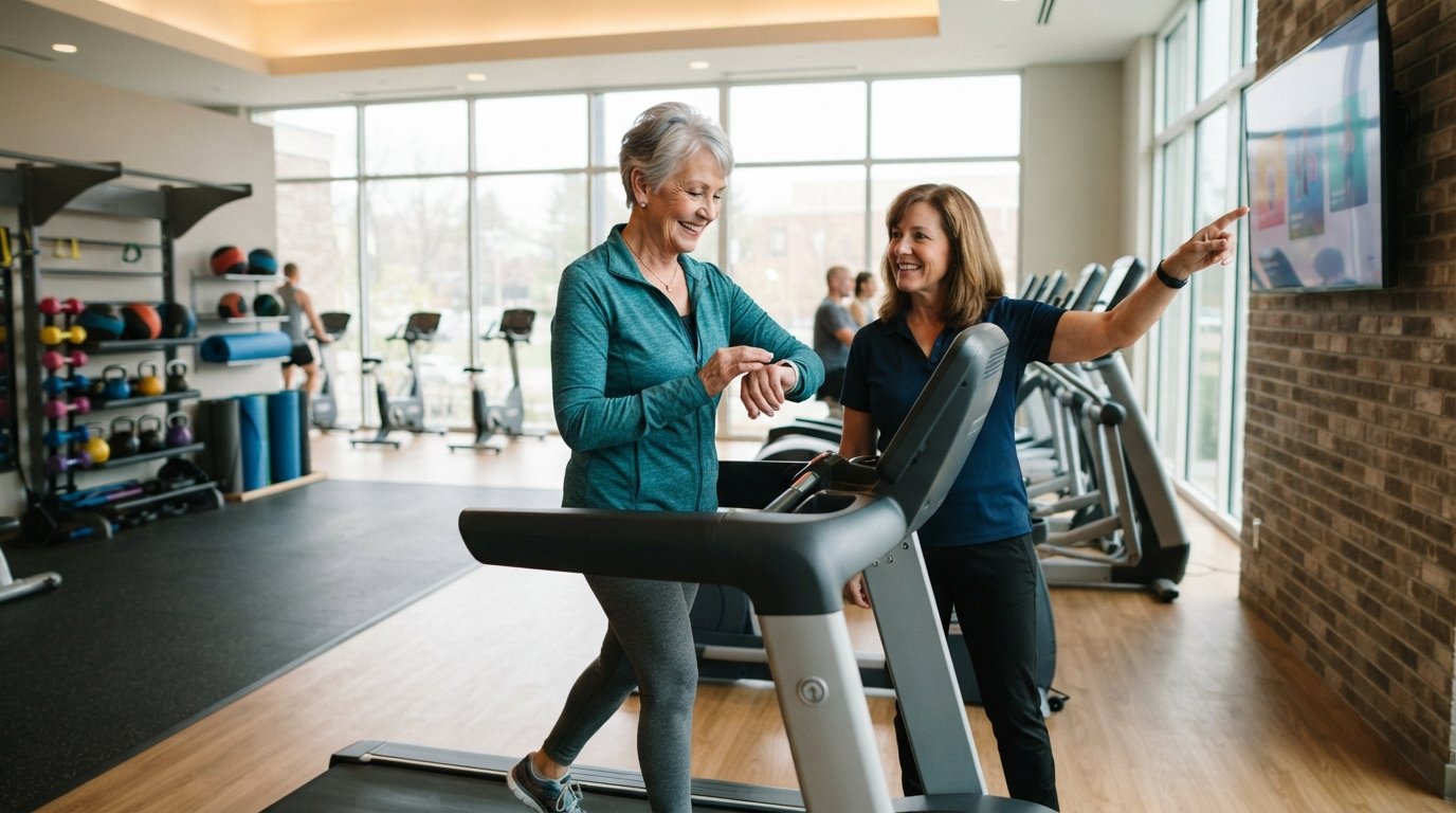 Senior woman in a teal athletic jacket walking on a treadmill while a trainer points to a wall-mounted workout screen in a…
