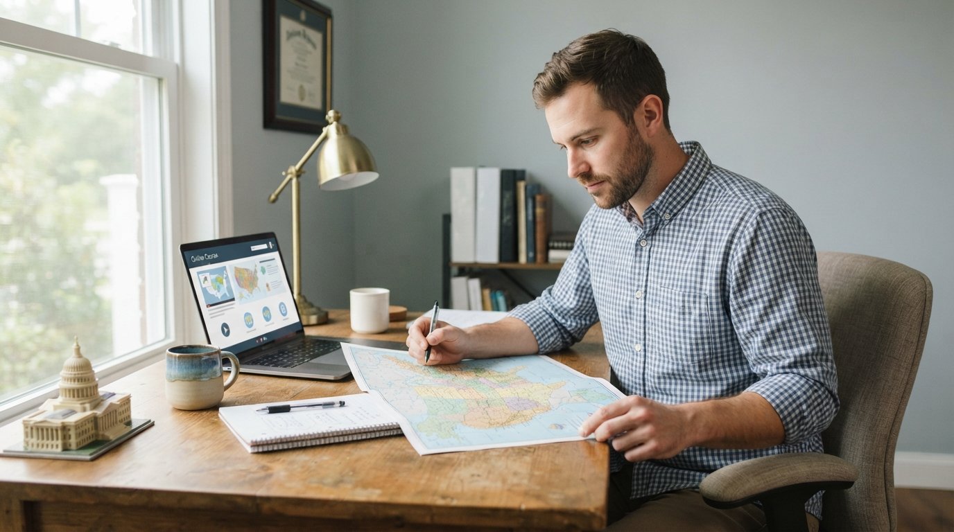 Adult student at a desk reviewing a US map with a laptop, notebook, and framed diploma in a bright home office
