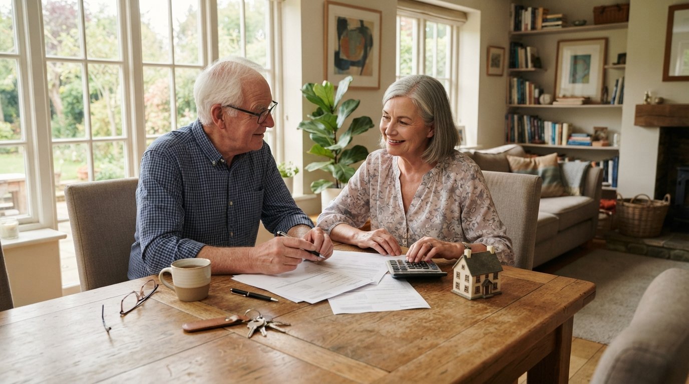 Senior couple at a dining table reviewing papers with a calculator, a small model house, and house keys in a sunlit living…