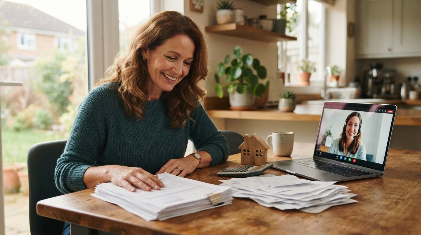 Relieved middle-aged homeowner at a wooden kitchen table with a calculator, house model, mortgage statement, and credit…