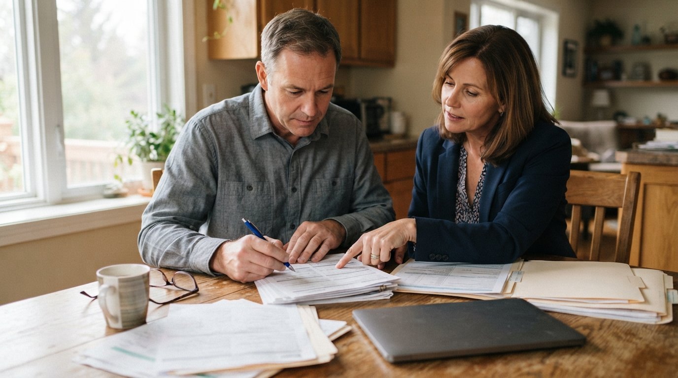 Man in a button-down shirt reviews medical records and SSDI forms at a kitchen table while a woman in business attire…
