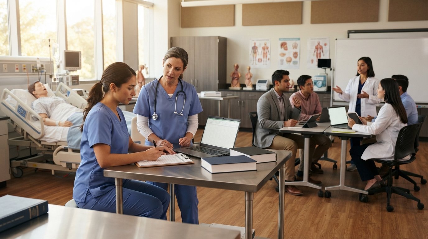 Nursing student in scrubs reviews patient charts with a supervising nurse in a clinical skills lab while a man observes a…