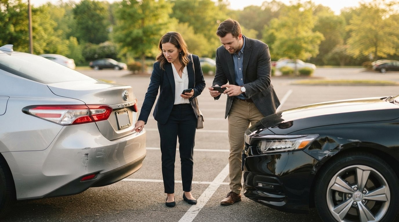Two drivers photographing a scratched silver bumper and dented black fender on two sedans in a sunny parking lot
