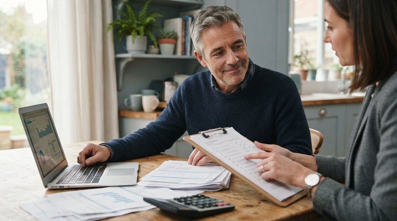 Middle-aged man at a kitchen table reviewing financial documents and a calculator on a laptop, while an advisor's hand…