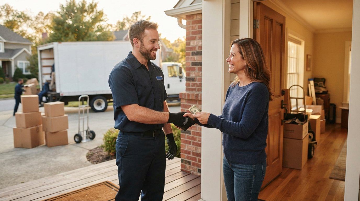 Mover in navy uniform and gloves accepts folded cash from a smiling homeowner at a home's entryway, with boxes and a moving…