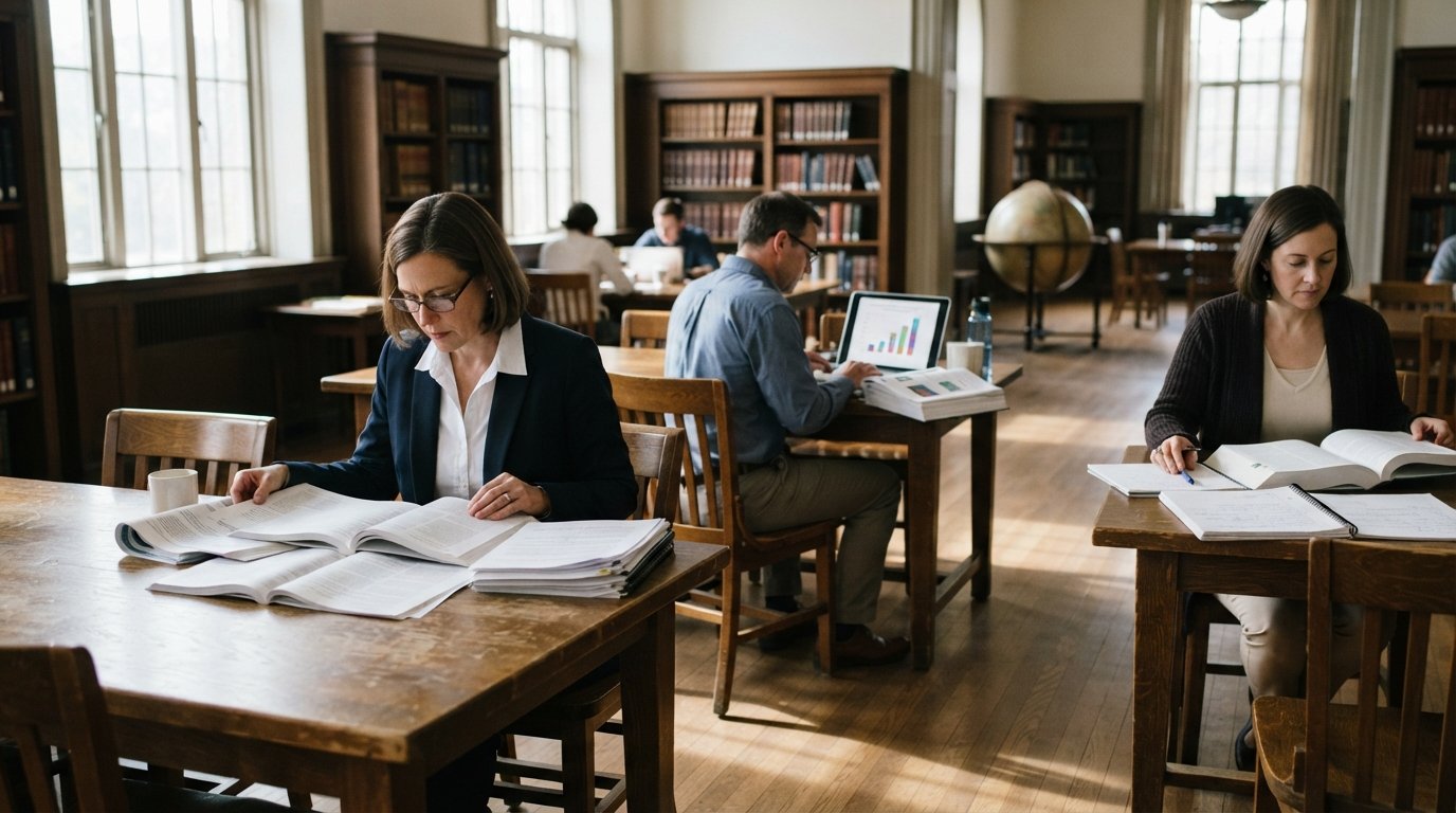 Three adults study separately at wooden tables in a sunlit university library, reviewing journals, a laptop with charts,…