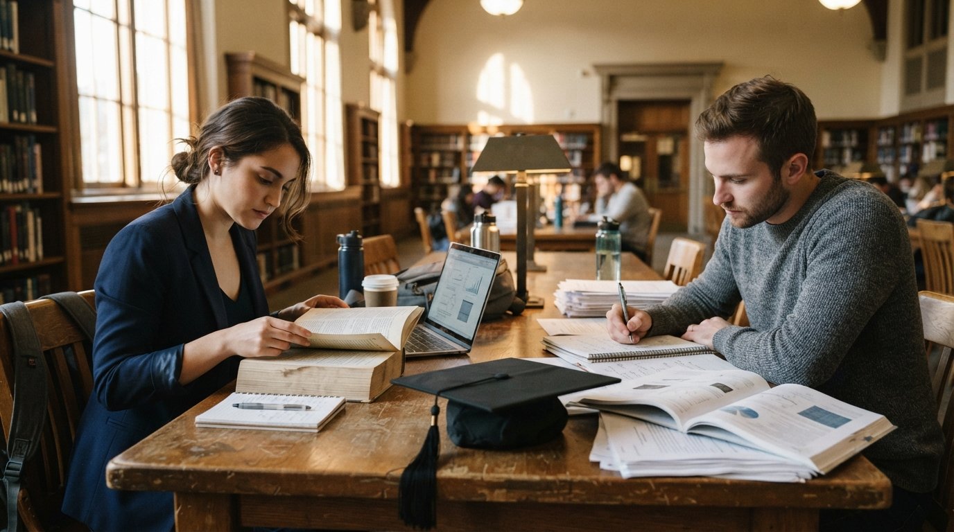 Woman in a navy blazer reads a thick textbook beside a laptop while a man in a gray sweater writes in a notebook near a…