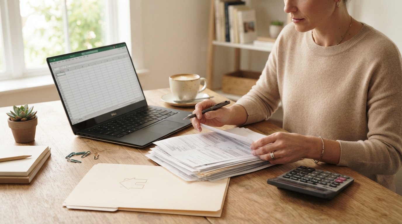 Hands sorting financial paperwork beside a folder with a house icon, a laptop showing a blank spreadsheet, a calculator,…