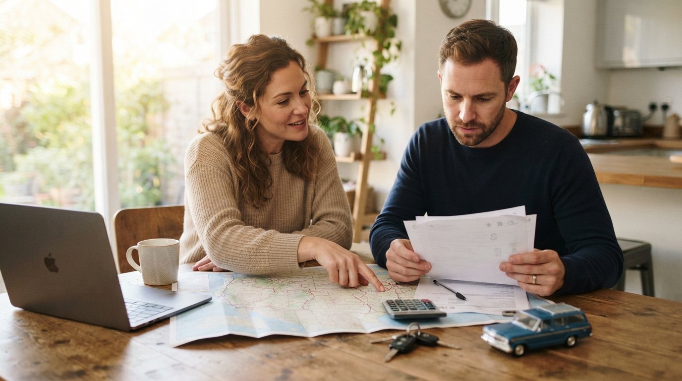 Man and woman at a kitchen table with a laptop, US map, calculator, car insurance papers, car keys, and a model car, woman…