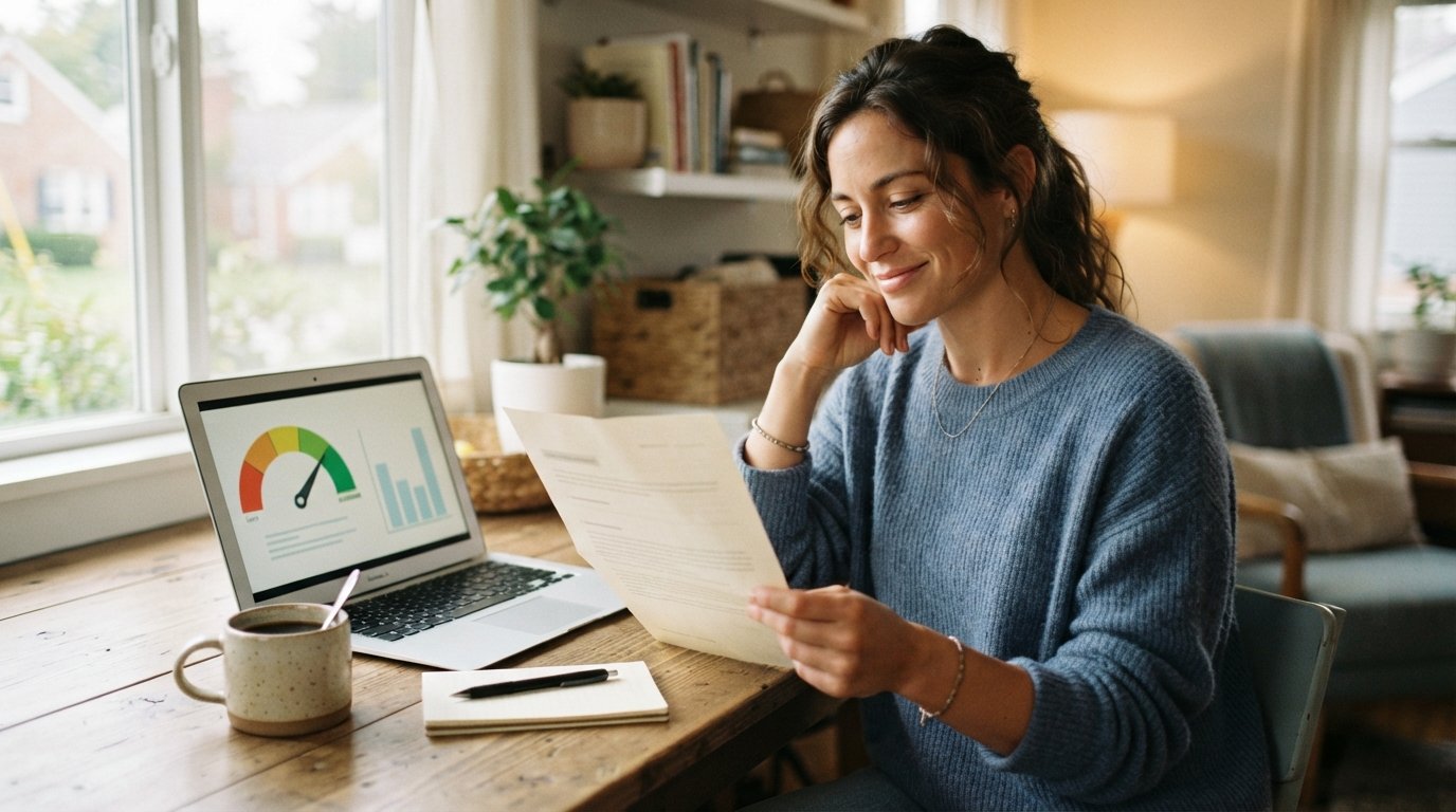 A young adult at a wooden table holds a loan offer document and looks toward a laptop showing a credit score gauge, with a…