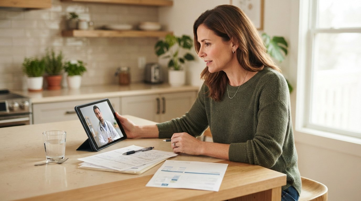 Woman in her 40s holds a tablet showing a doctor on a video call in a bright kitchen, with insurance paperwork and a…