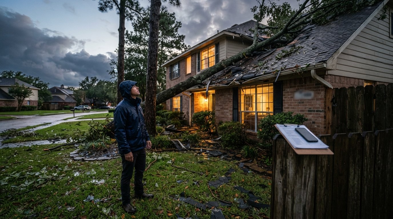Homeowner in rain jacket stands in front yard at dusk, looking at a large fallen tree limb puncturing the roof of a…