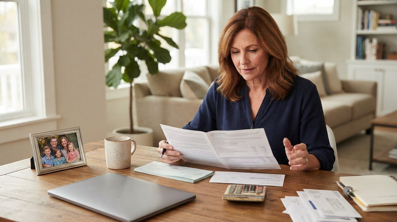 Middle-aged woman in a navy blouse reviewing a life insurance policy document and checkbook at a wooden desk with a laptop,…