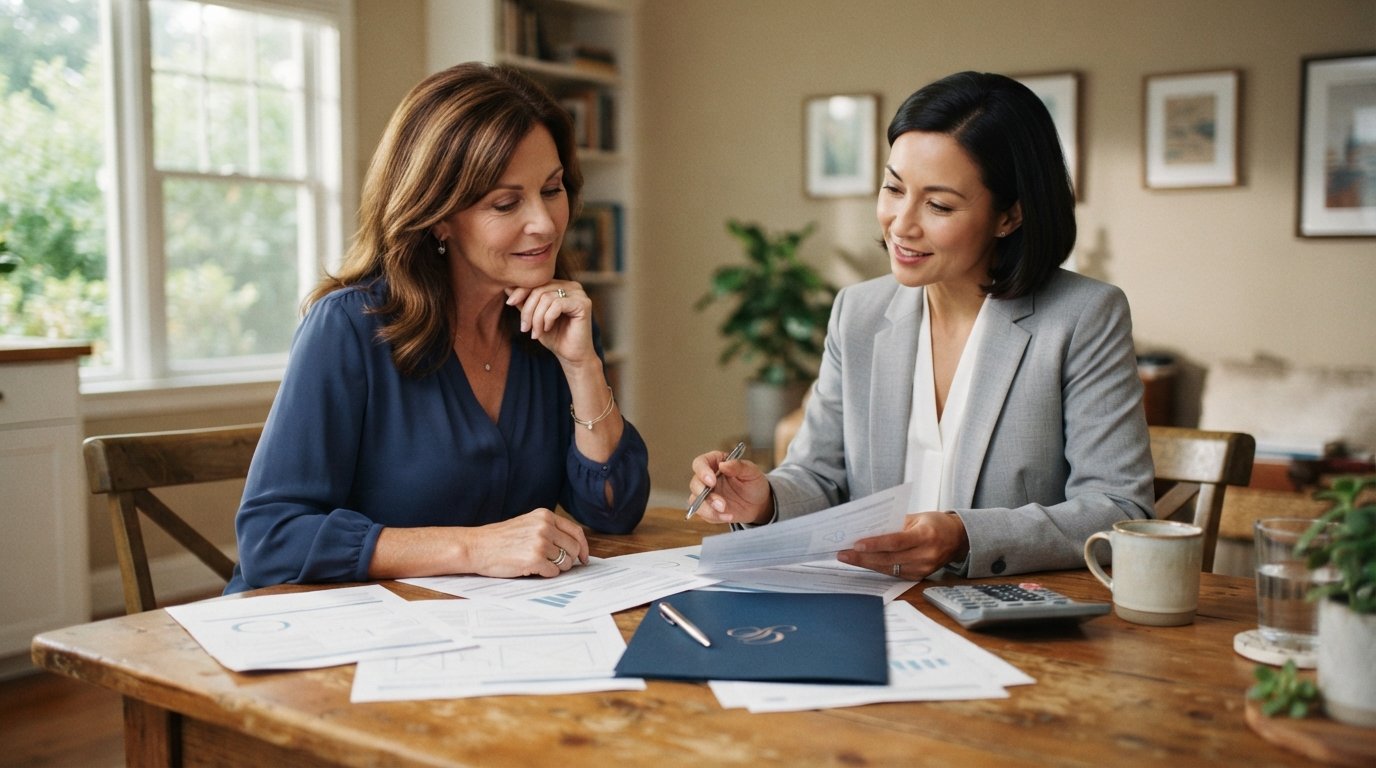 Middle-aged woman in a navy blouse and an insurance agent in a gray suit review policy documents and a calculator at a…