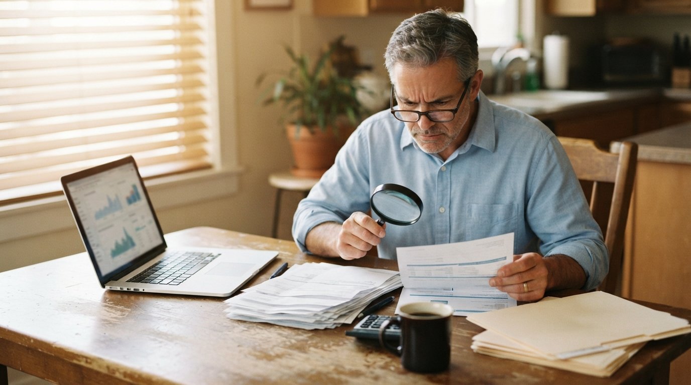 Worried middle-aged man in a blue shirt examining hospital bills and a credit report with a magnifying glass at a kitchen…