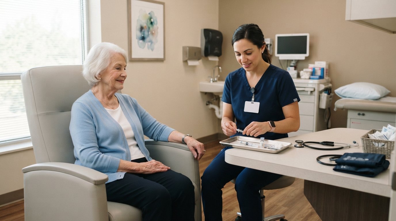 Nurse in navy scrubs prepares an allergy shot tray beside a senior woman in a light blue cardigan seated in a clinic exam…