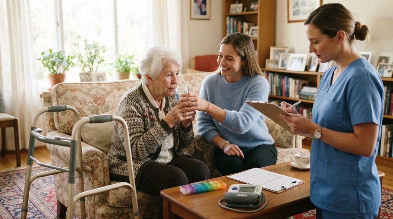 Woman in a blue sweater helps her elderly mother hold a glass of water while a home health nurse with a clipboard stands…
