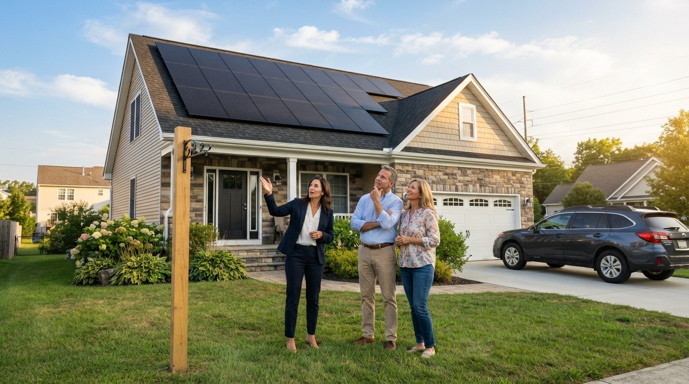 Real estate agent and a couple standing on a front lawn looking up at black solar panels on a suburban home's roof