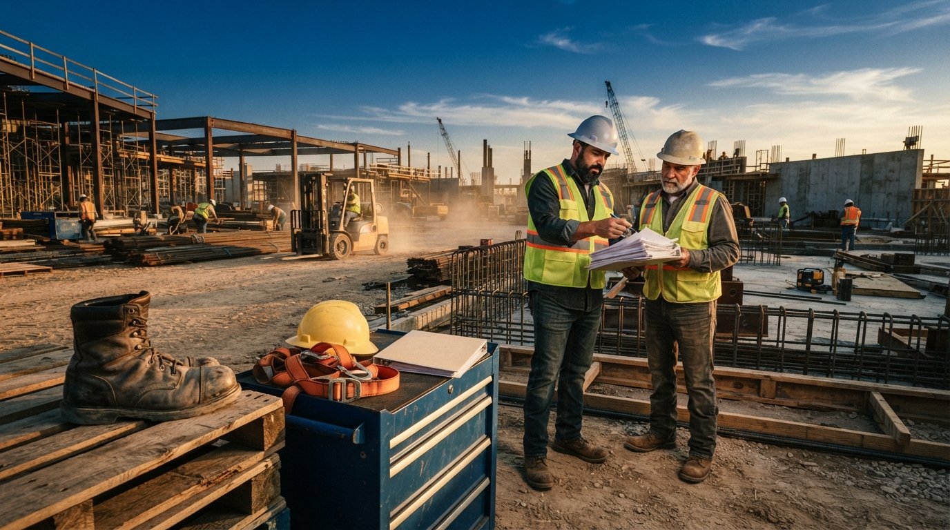 Two contractors in hard hats and reflective vests review a thick document on a clipboard at a dusty Texas construction site…