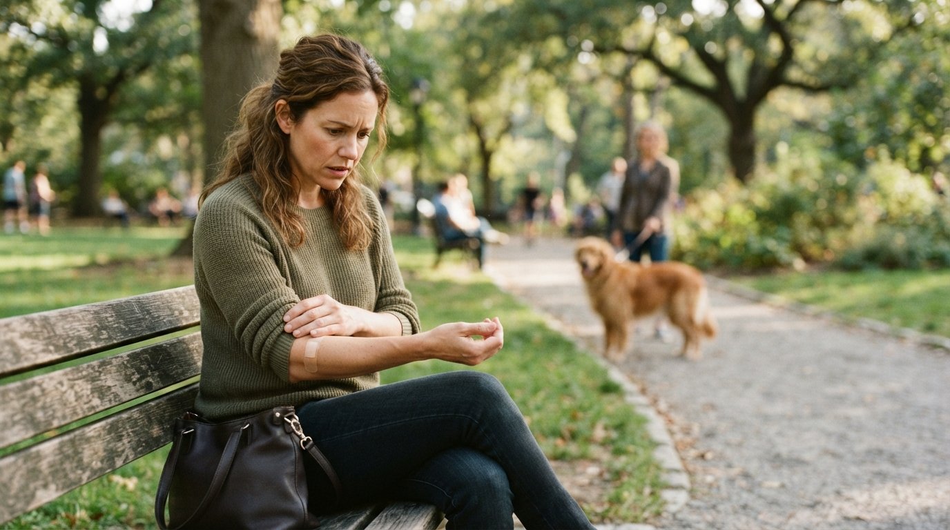 Woman on a park bench inspecting a bandaged forearm, with a leashed dog and owner blurred in the background