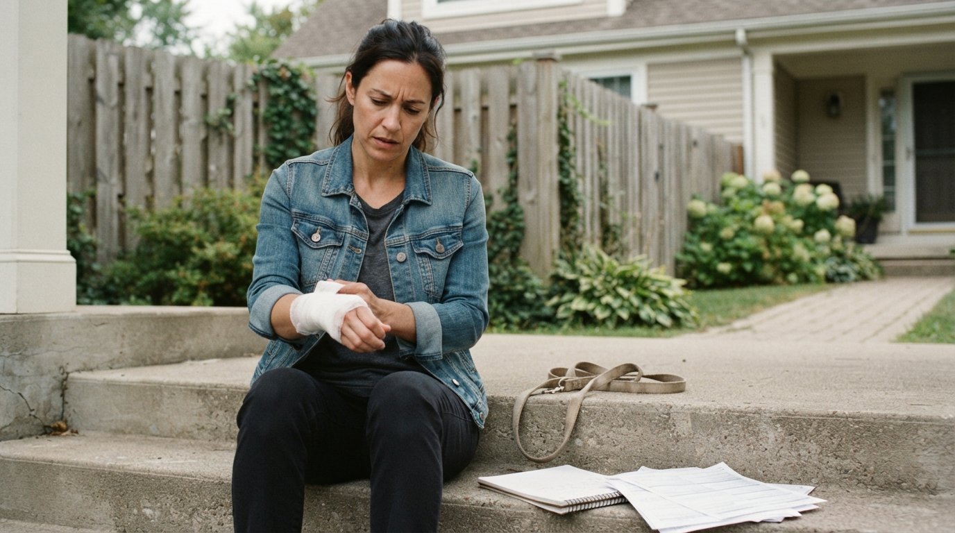 Adult with a bandaged forearm sitting on front steps beside a leash, notebook, and paperwork near a wooden fence.