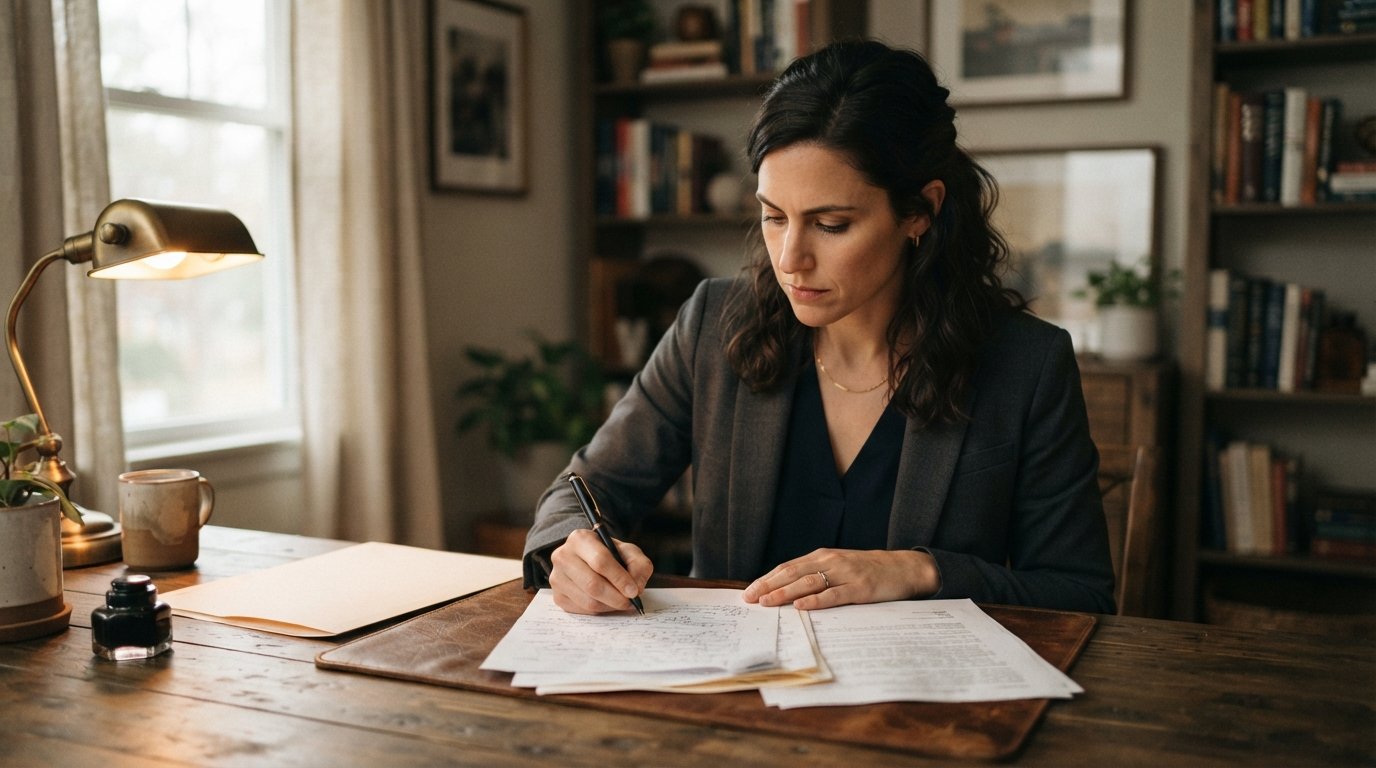 Woman in her 30s sitting at a wooden desk in a softly lit home office, reviewing and signing legal paperwork with a pen…