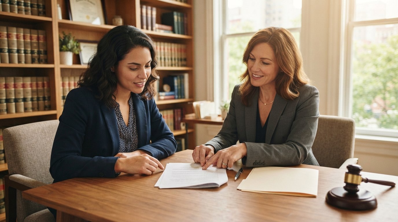 Woman in a blazer reviews a legal document with a female lawyer at a sunlit desk in an office with law books