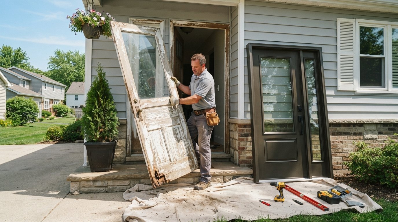 Contractor in a grey polo shirt removes a warped wooden front door with peeling paint and rot while a new bronze steel door…