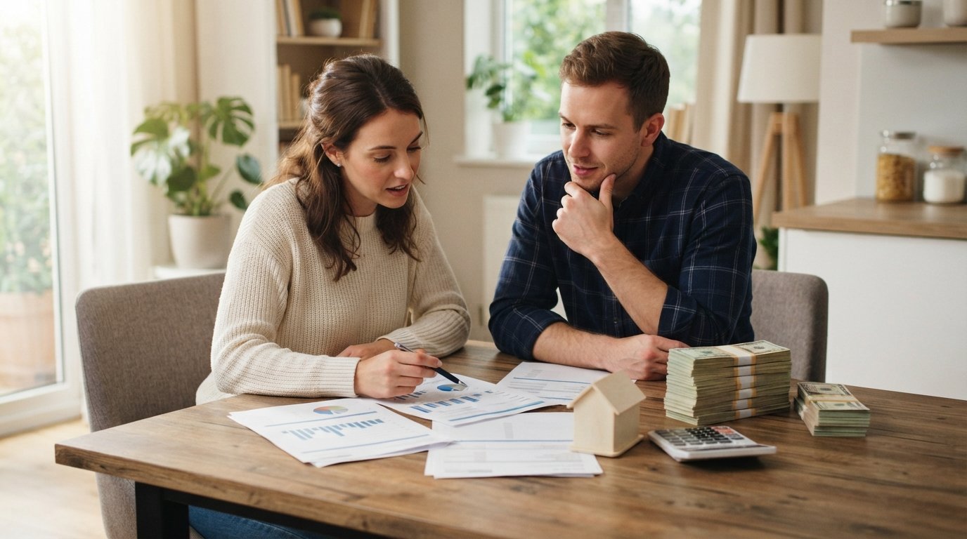 Couple at a kitchen table comparing two stacks of cash beside a calculator, mortgage documents, and a small model house