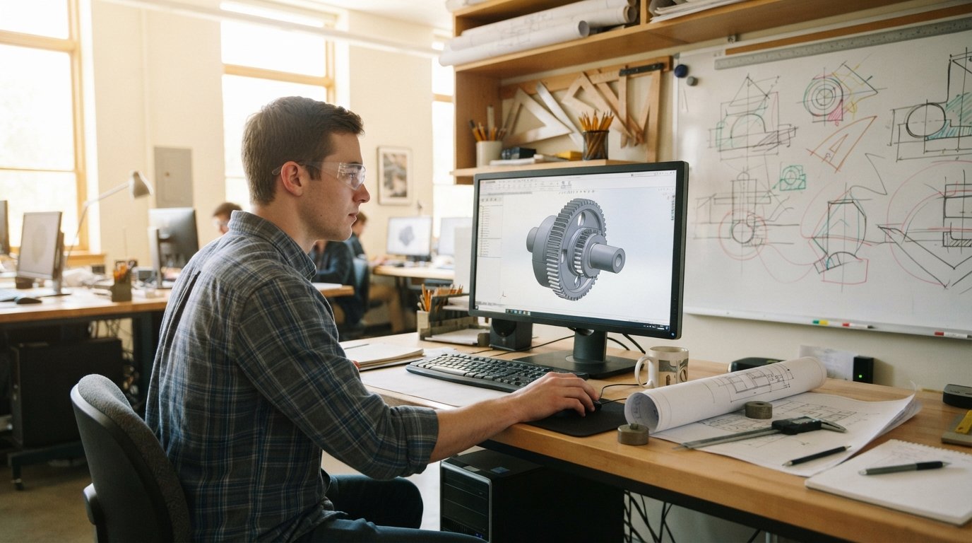 Student in safety glasses studies a 3D CAD model on a large monitor at a drafting lab desk with a blueprint, caliper, and…