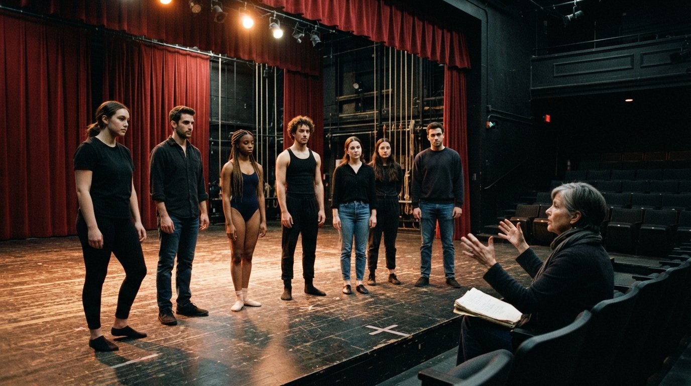 College theatre students in rehearsal clothes stand on a wooden stage while a director gestures from the auditorium