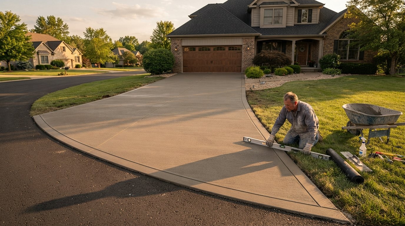 Contractor kneels beside a level tool on a new concrete driveway, inspecting the smooth broom-finished surface near a…