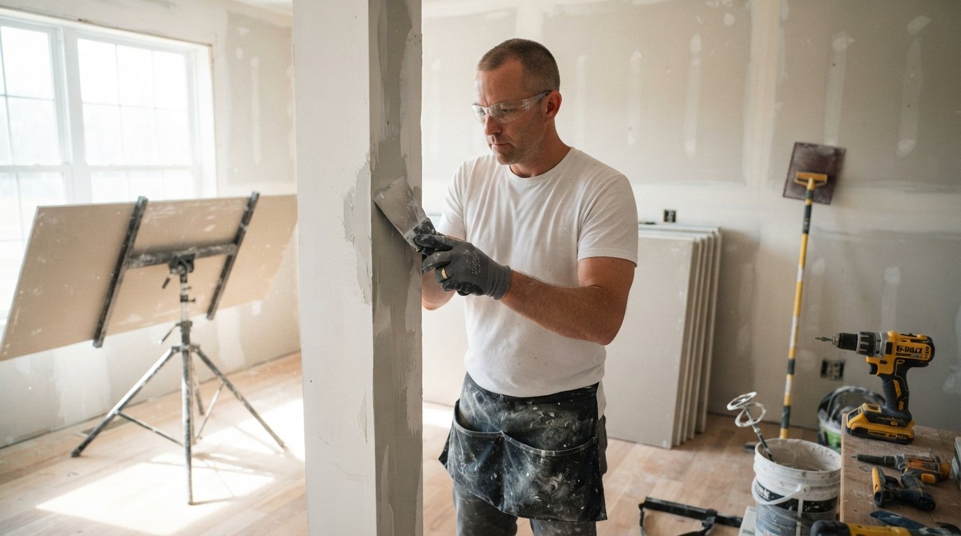 Drywall installer in work gloves and safety glasses spreading joint compound over a drywall seam with a taping knife in a…