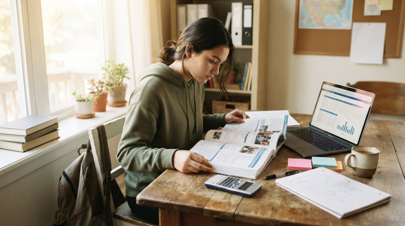 Teenager in a hoodie at a wooden desk comparing two printed course catalogs beside a laptop showing a transfer credit…