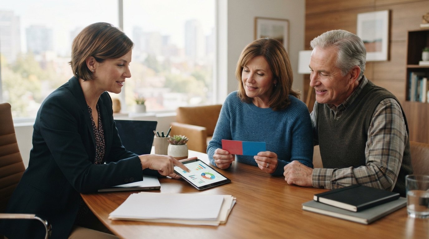 Licensed agent points to tablet chart while woman holds red Medicare and blue Medicaid cards beside older man at office desk