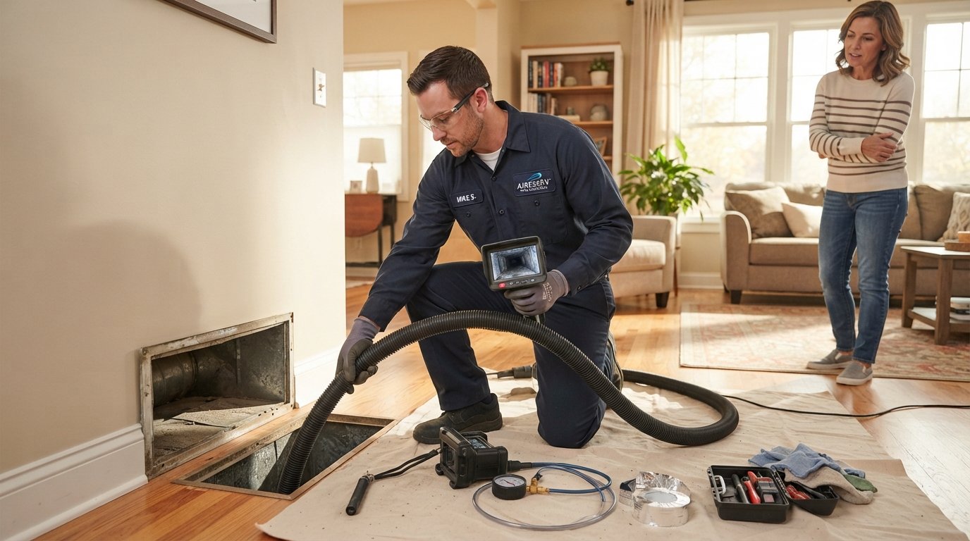 HVAC technician in navy uniform kneels by an open floor vent, using a vacuum hose and inspection camera on metallic…
