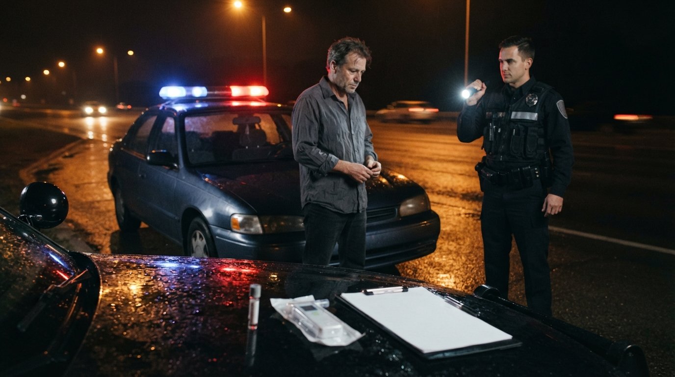 Middle-aged man in a wrinkled shirt stands beside his sedan on a wet roadside as an officer with a flashlight observes him…