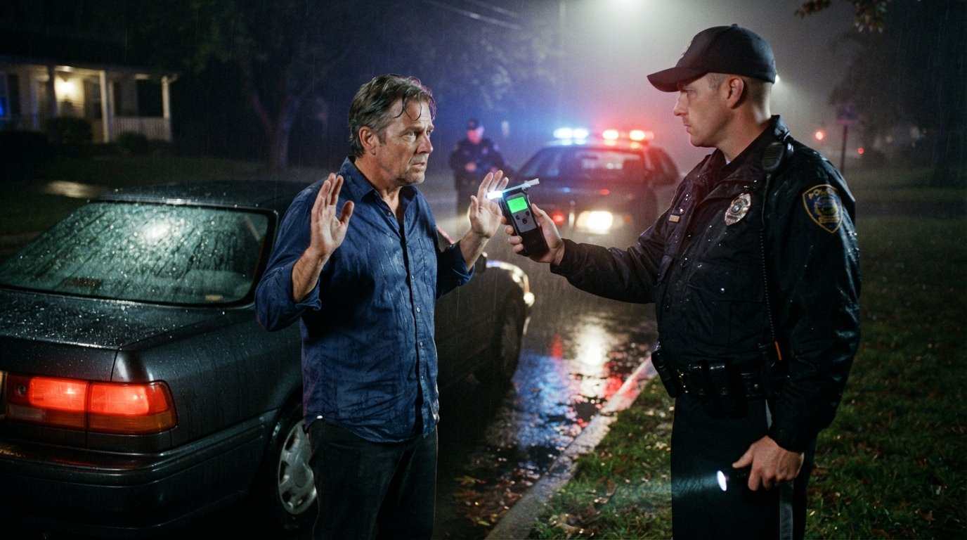 Officer holds a handheld breathalyzer near a driver beside a sedan during a rainy nighttime traffic stop lit by red and…