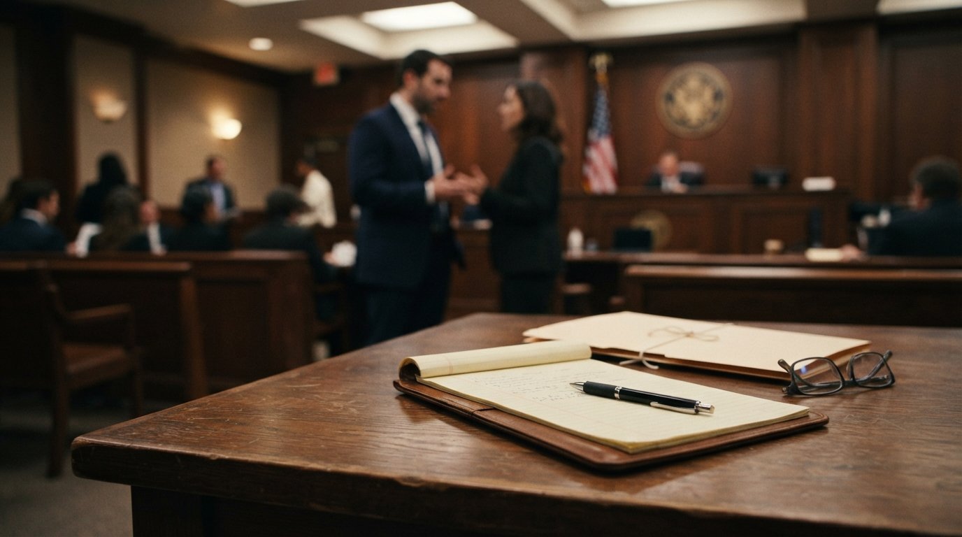 Close-up of a wooden courtroom defense table with a legal pad, pen, reading glasses, and a closed manila case folder, with…