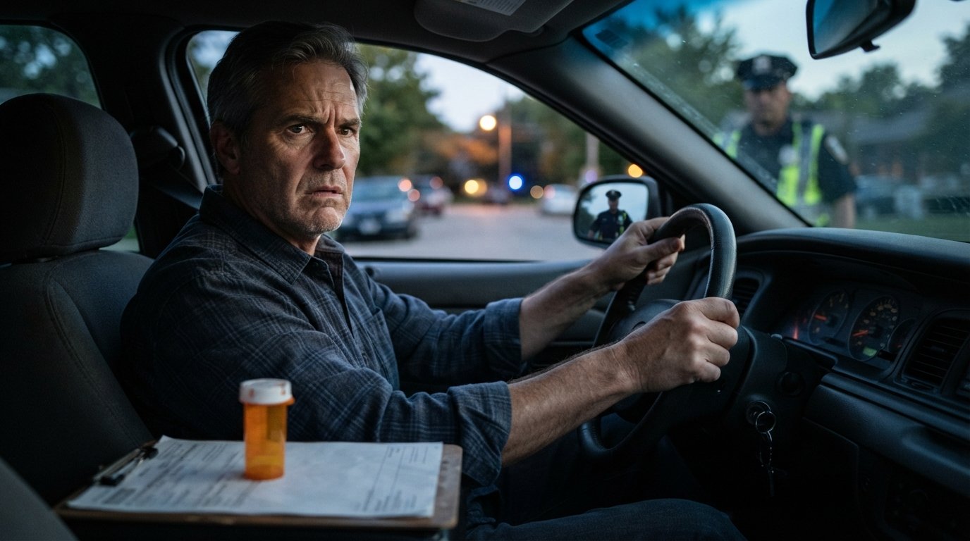 Worried middle-aged driver gripping steering wheel of parked sedan at dusk as officer approaches; prescription bottle on…