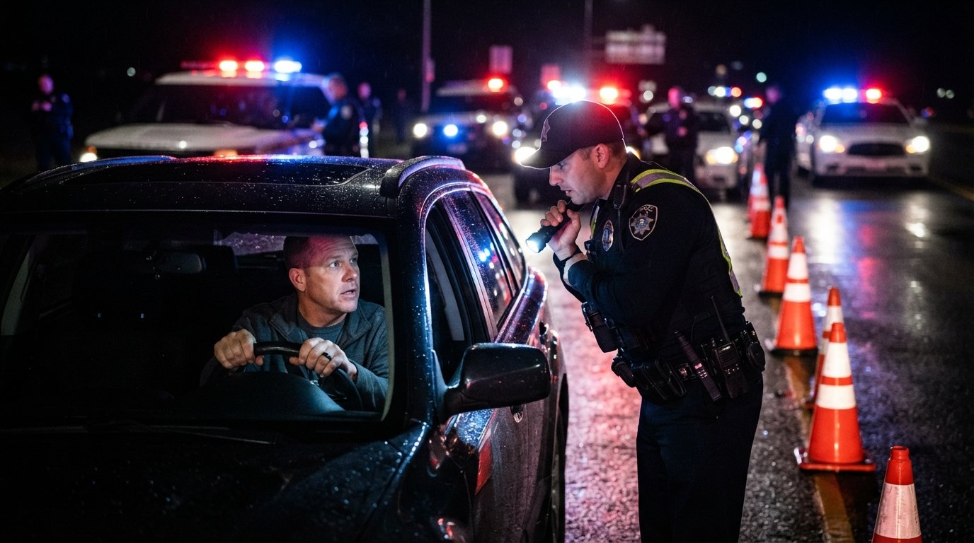 Driver with hands at ten and two speaks through a lowered window to an officer holding a flashlight at a nighttime DUI…