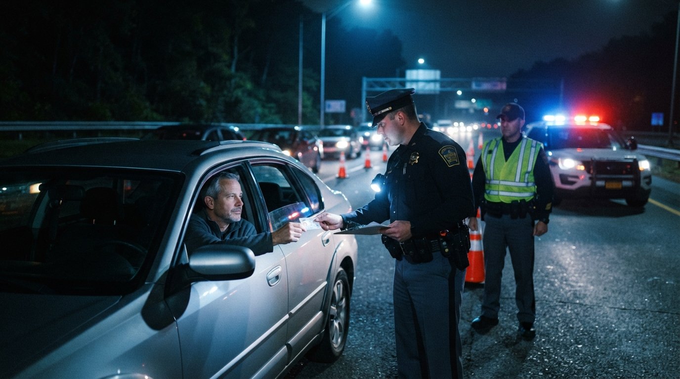 A state trooper with a flashlight and clipboard stands at a Pennsylvania DUI checkpoint, receiving a driver's license from…