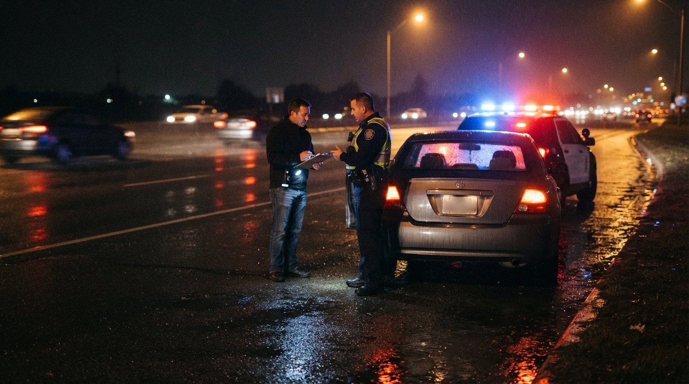 Police cruiser with red and blue lights behind a pulled-over sedan at night, officer near the driver's window and a…
