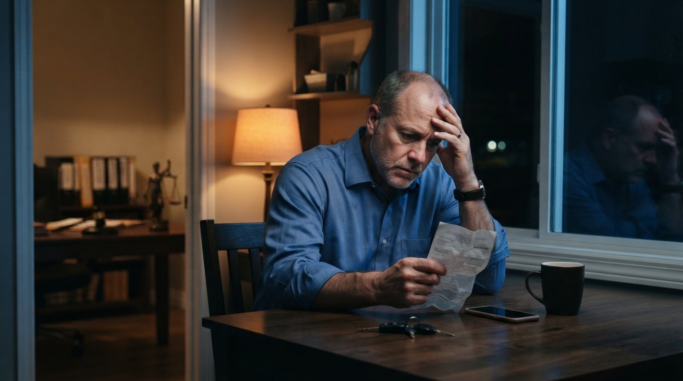 Middle-aged man in a business shirt at a kitchen table at night, holding a crumpled traffic citation, with a law office…