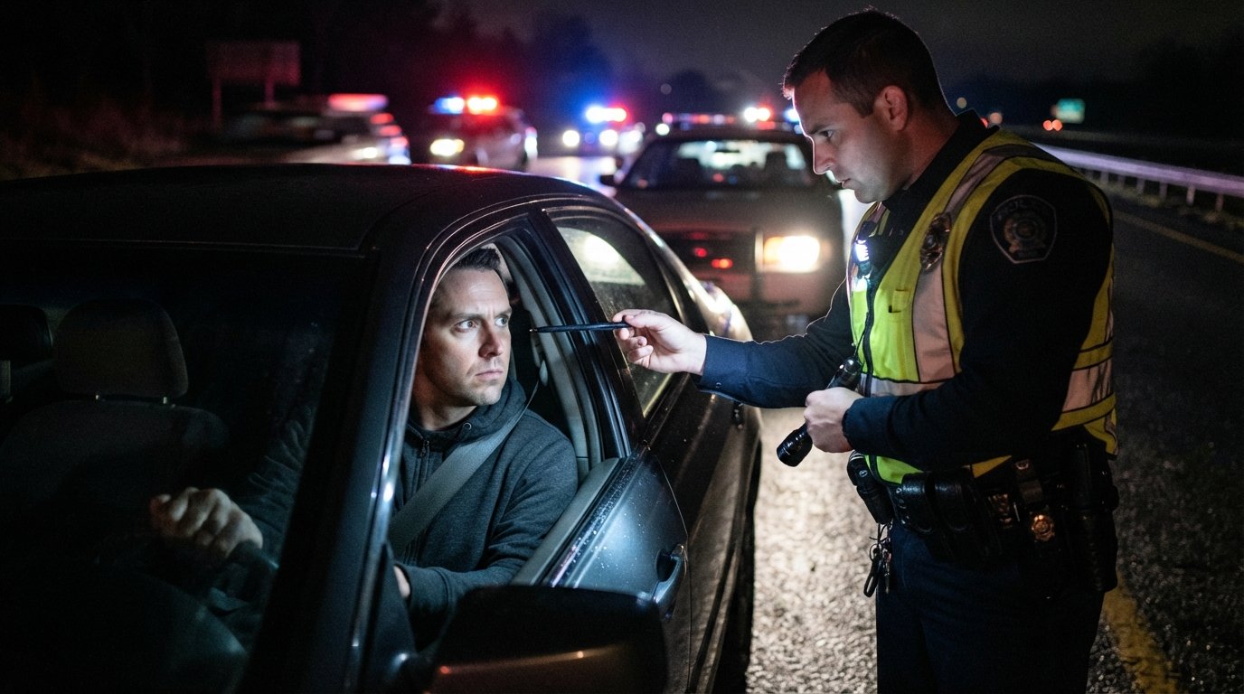Officer holding a pen before a seated driver's eyes through an open car window at night, with blurred red and blue…