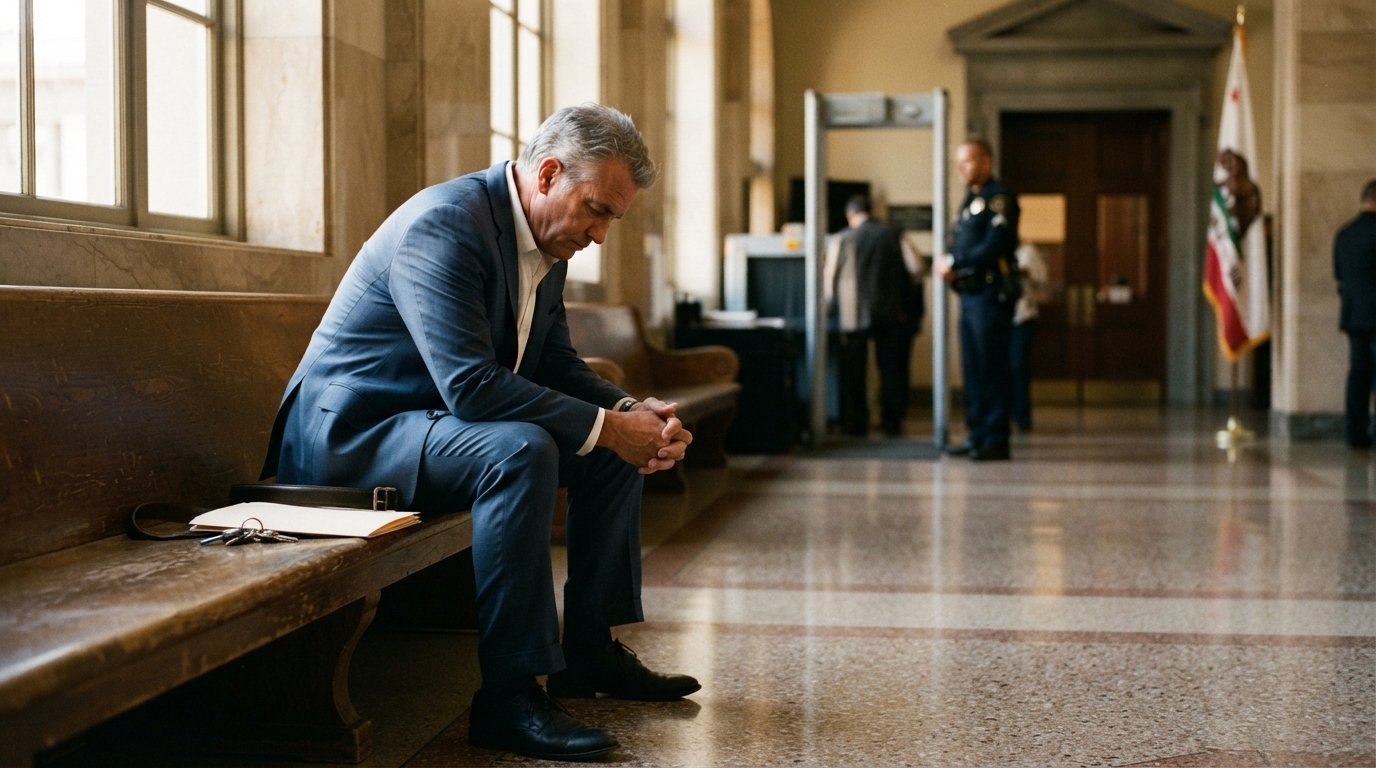 Man in a navy suit sits with clasped hands on a wooden bench in a courthouse hallway, a folder and car keys beside him, an…